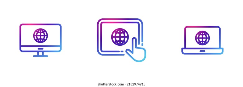 Conjunto de 3 dispositivos inteligentes con icono de globo con efecto gradiente púrpura.
