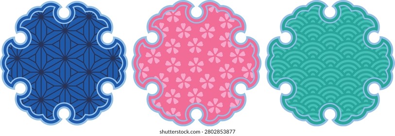 A set of 3 snowflake rings featuring traditional Japanese patterns. Includes hemp leaf in blue, small cherry blossoms in pink, and wave in green. Great for Japanese-style designs and textiles.