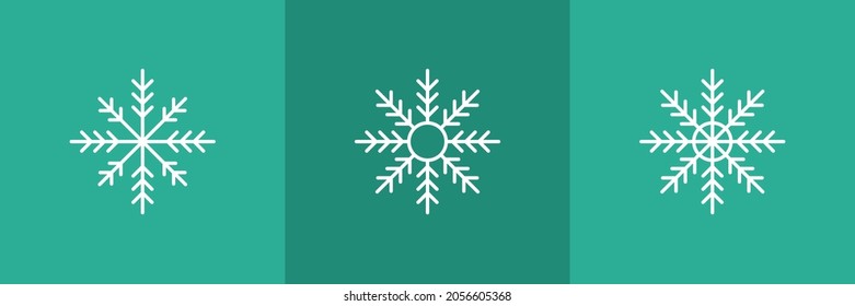 Juego de 3 iconos de copos de nieve sobre fondo verde 