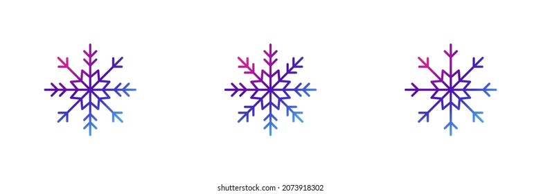 Conjunto de 3 iconos de copos de nieve con efecto gradiente púrpura.
