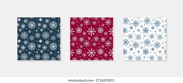 Conjunto de 3 flocos de neve padrão sem costura. Fundo de Natal ou inverno. Modelo de vetor para papel de embrulho, tecido, papel de parede, scrapbooking, etc