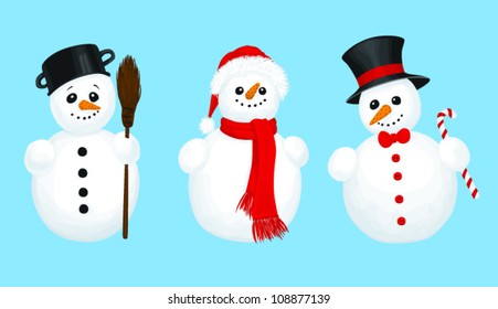 set of 3 snowmen on blue background