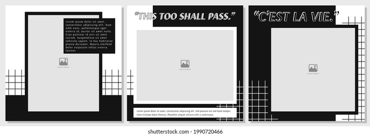 conjunto de 3 publicaciones en medios sociales o plantilla de fuentes con tema de collage contemporáneo en blanco y negro. adecuado para poner una cita y alguna descripción al lado de una imagen enmarcada.