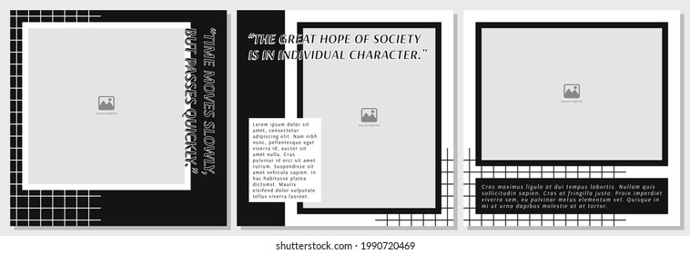 conjunto de 3 publicaciones en medios sociales o plantilla de fuentes con tema de collage contemporáneo en blanco y negro. adecuado para poner una cita y alguna descripción al lado de una imagen enmarcada.