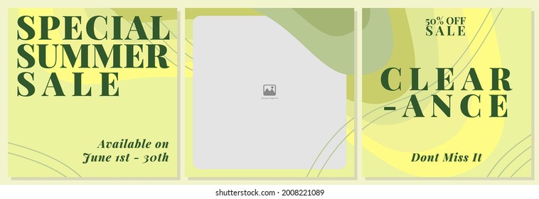 set of 3 social media posts or feeds template with greenish contour color theme. suitable to promote your products of your brand