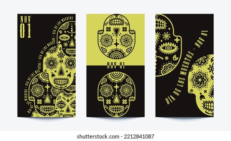 SET of 3 social media stories templates for Dia de los muertos in black and neon green. Unique sugar skull design covers.