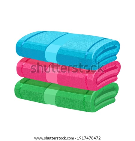 Set of 3 soft towels. Pink, green, blue. Bath towel. Vector illustration isolated on white background.