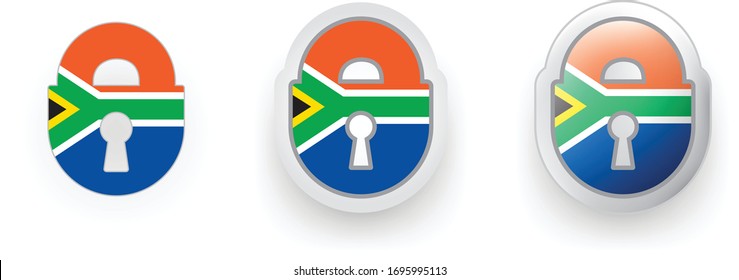 Set of 3 South Africa vector labels  locked padlock, flat and volumetric style in flag colors blue, red, green, gold for flyer any holiday design or poster