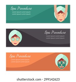 Set of 3 spa banners in flat design. Horizontal vector banners for spa procedure, Spa salon and care therapy.