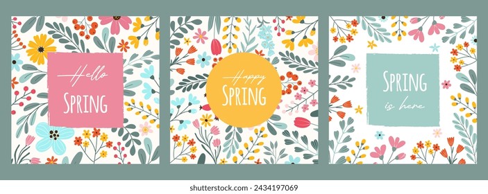 Set de 3 tarjetas de primavera con estampado floral. Diferentes flores coloridas abstractas, hojas, bayas y texto escrito a mano. Espacio para texto con bordes irregulares. Plantilla para póster, banner, redes sociales.