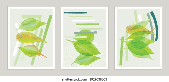 Set of 3 spring hand painted illustrations with leaves. Abstract creative  minimalist design for posters, cards, brochures, wall decorations, promotional materials. Abstract painted background. Vector