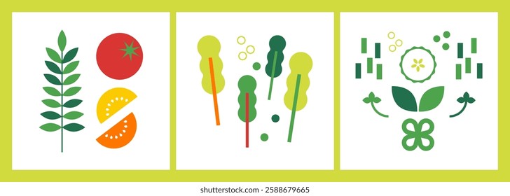 Set of 3 square abstract flat vector illustration with green veggies. Fresh vegetables. Salad. Greens icon set. Food background for poster, banner, cover design, print. Go vegan. Healthy food concept