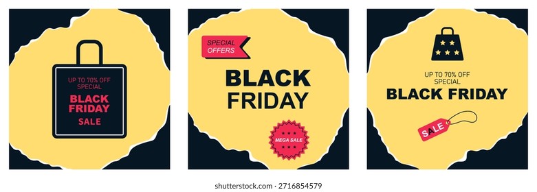 Set 3 Anuncios cuadrados de Web Black Friday con papel rasgado alrededor de los bordes. Texto en el centro. Ilustración vectorial. Plantilla, maquetación, póster y Anuncio para rebajas, descuentos, Black Friday, Cyber Monday, publicidad, promoción, Sitio web, tienda y redes sociales.