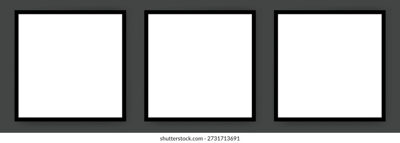 Set of 3 square blank poster mockups with black frames on dark grey background, minimalist art and photography presentation templates.