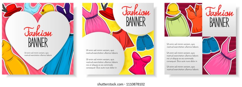 Set of 3 square cards with clothing and accesories for women. Boutique, shop advertisement concept. Sketchy style drawing. Template for flyer, magazine, poster,cover, banner,greeting card,invitation