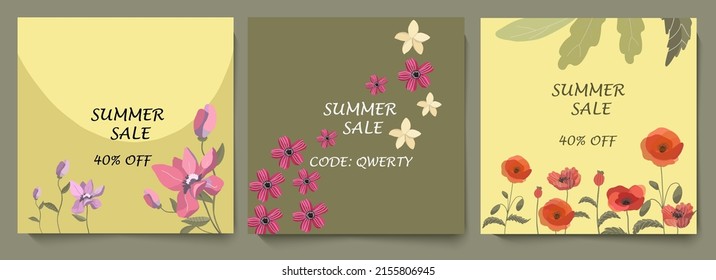 Set of 3 square cards, invitations, discount coupons, on a summer theme, with magnolia, anemones, poppies, vector illustration.