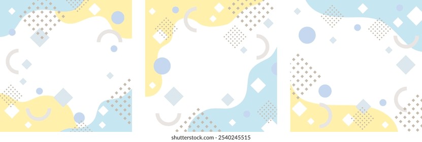 Set of 3 square frames with abstract pattern, yellow and light blue, vector illustration