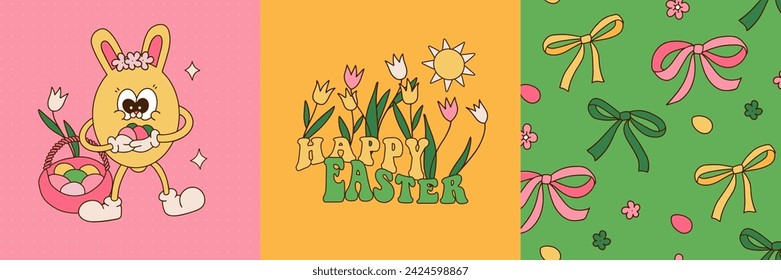 Set of 3 square greeting cards or posters for Happy Easter day with cute retro cartoon bunny, Easter egg, bows pattern and lettering text. Trendy vector illustrations for t-shirt, cover, social media