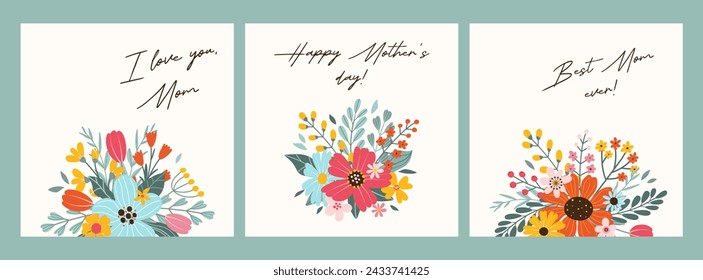 Establecer 3 tarjetas de felicitación cuadradas para el Día de la Madre Feliz. Flores dibujadas a mano abstractas y tipografía escrita a mano para afiche, banner, redes sociales. Plantilla vectorial en estilo plano para diseño de primavera o verano.