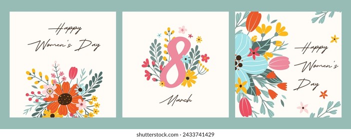 Set 3 tarjetas de felicitación cuadradas para el Día de la Mujer Feliz y 8 de marzo. Ramos de flores dibujados a mano y tipografía manuscrita. Plantilla vectorial en estilo plano para póster, banner, redes sociales.