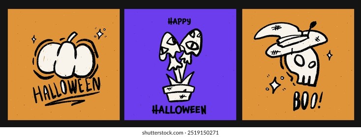 A set of 3 square Halloween-themed illustrations. Covers with doodles of pumpkin and mushrooms and witch scull. Vector illustration with texture and purple and orange colors