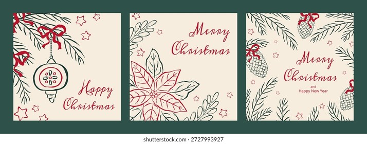 Establece 3 tarjetas de vacaciones cuadradas para Feliz Navidades y Año Nuevo. Dibujado a mano boceto de tinta plantas, lazos y flores en estilo retro. Plantilla de moda para el cartel, portada, redes sociales, fondo