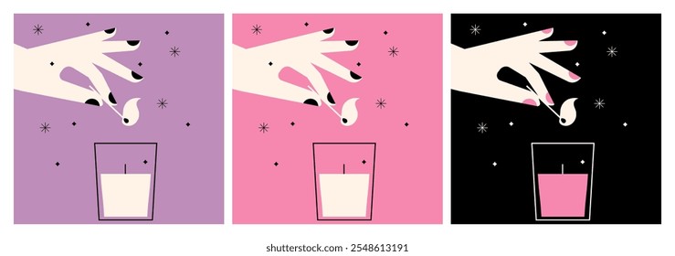 A set of 3 square hygge themed illustrations. Hand lighting candle in glass jar. Humans hand holding match stick burning with fire flame. Wooden match with fire in hand. Flat vector illustration