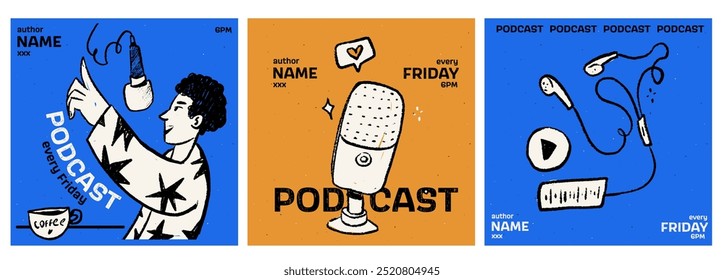  Set of 3 square ig post or Podcast cover. Radio and voice. Vector illustration with pencil texture. Doodle record music icons. Blue and orange colors