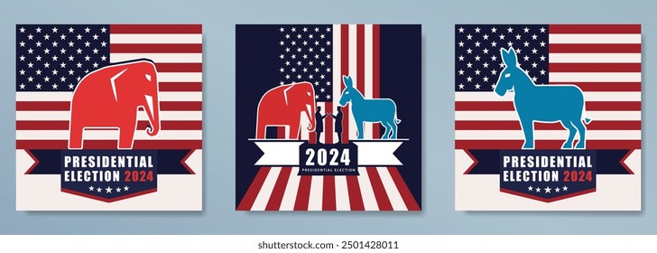 Conjunto de 3 carteles cuadrados para las elecciones presidenciales de Estados Unidos de 2024 con símbolos de los partidos demócrata (burro azul) y republicano (elefante rojo) contra una bandera estadounidense. Anuncios de Vector en estilo plano