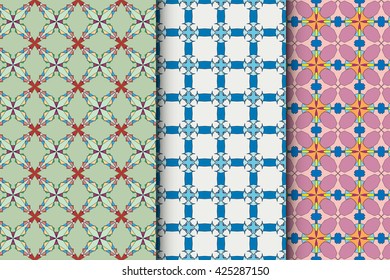 Set of 3 square seamless geometric patterns with repeating texture for fabric or paper print, cards design. Colorful seamless backgrounds collection. Tribal ethnic arabic, indian, turkish ornament. 