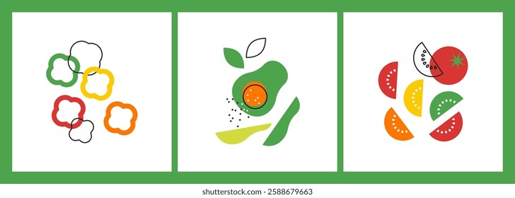 Set of 3 square veggies abstract flat vector illustration. Avocado, pepper, tomato. Fresh vegetables poster. Salad. Greens icon set. Modern minimal food background. Go vegan. Healthy food concept