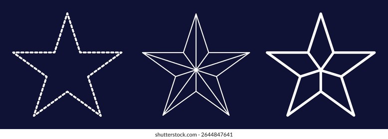 Set of 3 star icon thine line style, dashed line star and outlined editable stroke, clipart design template. five-pointed line star icon set. 