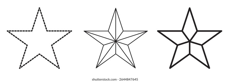 Set of 3 star icon thine line style, dashed line star and outlined editable stroke, clipart design template. five-pointed line star icon set. 