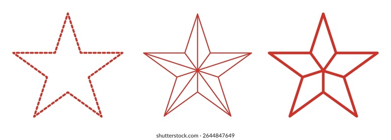 Set of 3 star icon thine line style, dashed line star and outlined editable stroke, clipart design template. five-pointed line star icon set. 