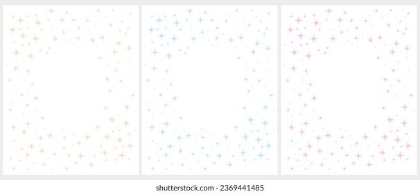 Set of 3 Starry Vector Layouts with Beige, Pastel Pink and Light Blue Stars on a White Background. Irregular Frame Made of Stars. Lovely Border with Copy Space. No text. RGB Colors. 