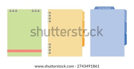 Set of 3 stationery templates including a spiral notepad, a planner with tabs, and a file folder. Minimalist flat vector design for digital journaling, office notes, and school supplies.