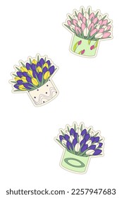 Set of 3 stickers of large bouquet of colorful tulips in circular box in trendy shades. 8 March