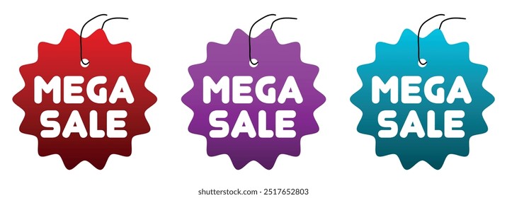 Set of 3 stickers, vector illustration, Mega Sale, Sale Season, design for banners, business cards, social media posts, gradient