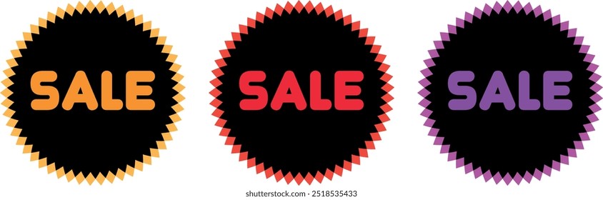Conjunto de 3 pegatinas, Ilustración vectorial, Mega venta, temporada de venta, diseño para Anuncios, tarjetas de visita, publicaciones de redes sociales, gradiente