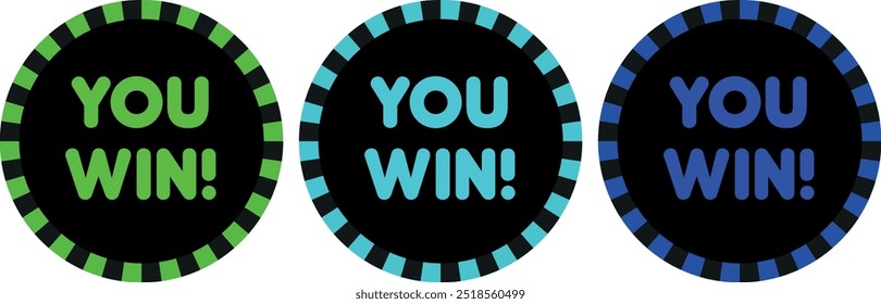 Conjunto de 3 pegatinas, Ilustración vectorial, You Win!, Mega venta, temporada de venta, diseño para Anuncios, tarjetas de visita, publicaciones en redes sociales, gradiente