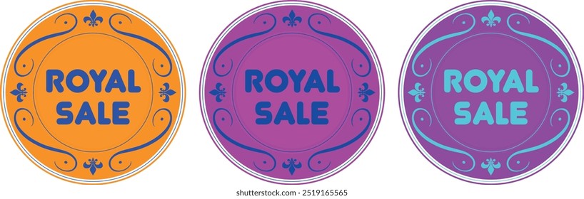 Set of 3 stickers, vector illustration, Royal Sale, Royal, Mega Sale, Sale Season, design for banners, business cards, social media posts, gradient