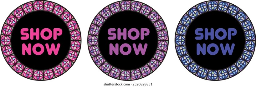Set of 3 stickers, vector illustration, Shop Now, Shop, Now, Mega Sale, Sale Season, design for banners, business cards, social media posts, gradient