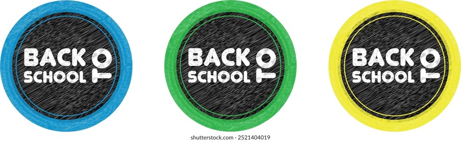 Conjunto de 3 adesivos, ilustração vetorial, Back To School, Back, School, Mega Sale, Sale Season, design para banners, cartões de visita, postagens de mídia social, gradiente