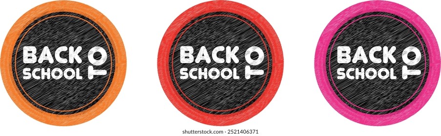 Conjunto de 3 pegatinas, Ilustración vectorial, regreso a la escuela, regreso, escuela, Mega venta, temporada de venta, diseño para Anuncios, tarjetas de visita, publicaciones en redes sociales, gradiente