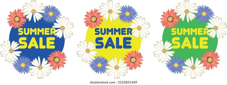 Conjunto de 3 pegatinas, Ilustración vectorial, venta de verano, verano, flor, flores, mega venta, temporada de venta, diseño para Anuncios, tarjetas de visita, publicaciones de redes sociales, gradiente
