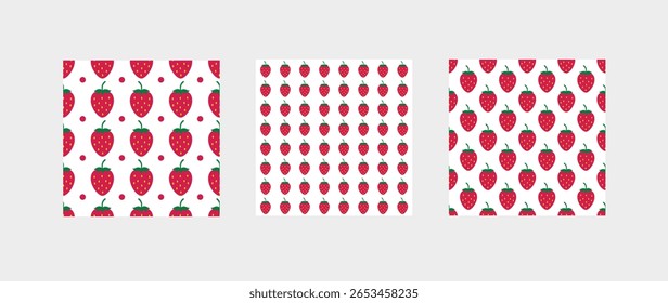 Conjunto de 3 padrões sem emenda de morango. Fundo de vetor de bagas de verão.  Modelo de vetor para tecido, têxtil, papel de parede, papel de embrulho, etc