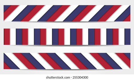 Set of 3 striped banners in blue, white and red - national colors of USA, France, Russian, United Kingdom, Czech Republic, etc.