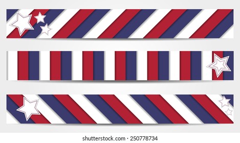 Set of 3 striped banners in official colors of USA with stars