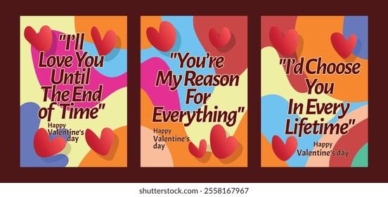 Set of 3 Stylish Valentine Templates with Minimalist Pastels. A set of Valentine’s Day greeting card with sample text, red hearts and abstract backgrounds templates vector illustration. 