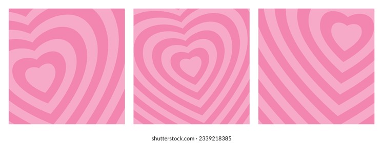 Set of 3 Stylized Concentric Hearts, Romantic Backgrounds. Square Compositions of Pink Color Centered Around Zooming Heart, Holiday Graphics.